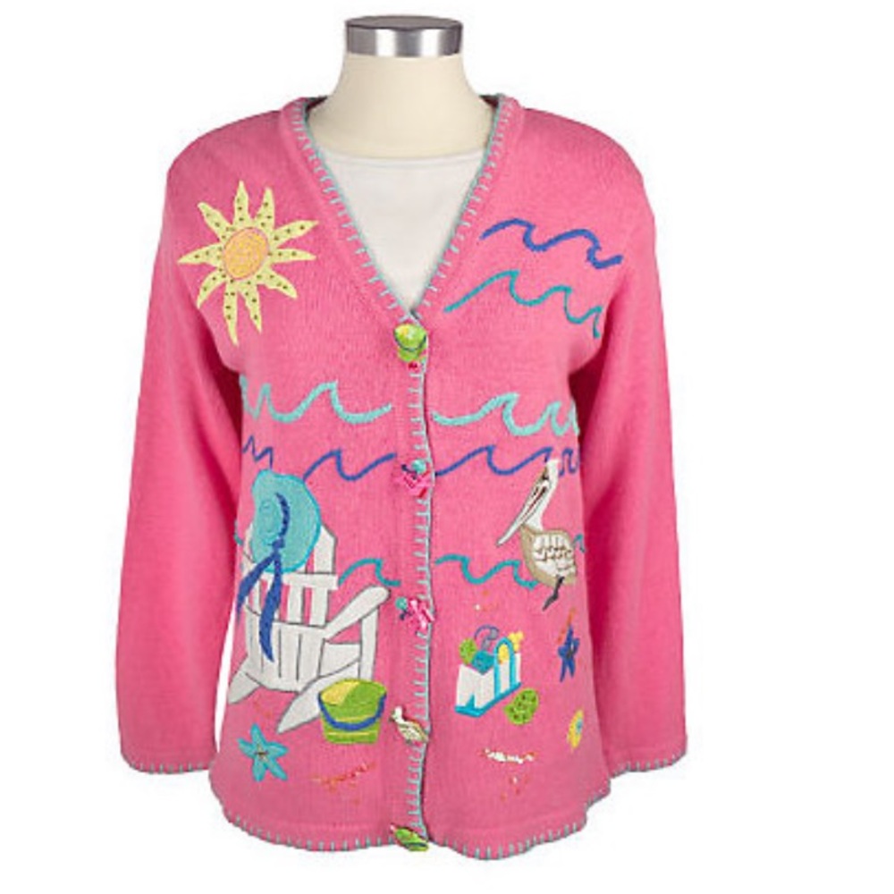 Quacker Factory Vintage/NEW Beach Scenes Pink Sweater Cardigan w/ button covers